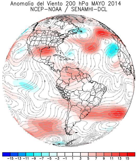 Vientos en nivel de 200 hpa. Presencia de ligeras anomalías del Este (Azul) fueron observadas sobre el Pacífico ecuatorial central.