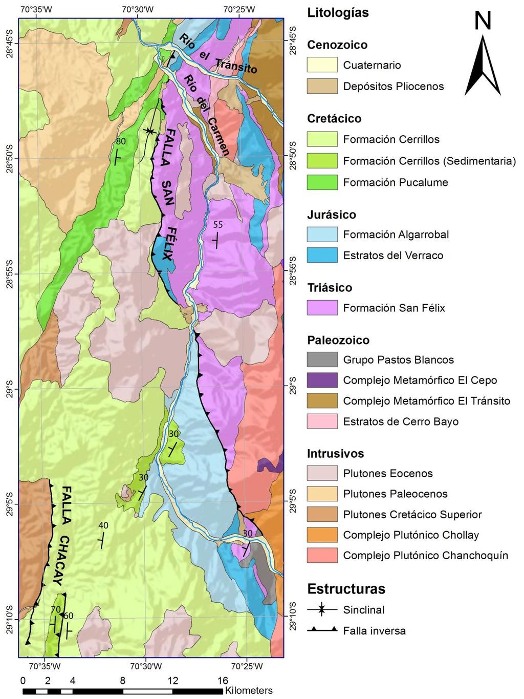 Figura 2: Mapa geológico que muestra los 2 dominios geológicos en torno al Río del Carmen separados por la falla San Félix, el occidental con cobertura del Mesozoico y el oriental con