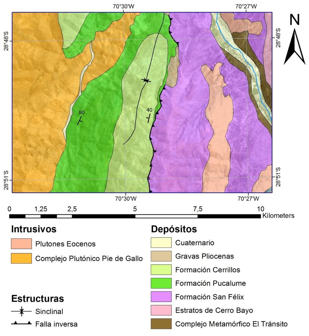 Figura 6: Mapa geológico local de la zona norte de trabajo, donde destaca un sinclinal con depósitos volcanosedimentarios del Mesozoico Superior en el bloque yacente de la Falla San Félix.