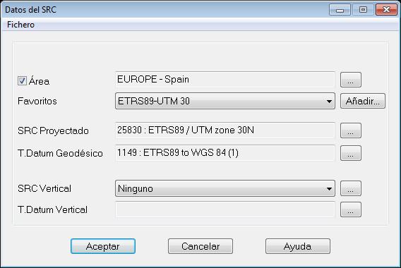 Para el sistema destino, pulse el botón del cuadro SRC Destino y seleccione de la lista de favoritos el sistema ETRS89-UTM30.