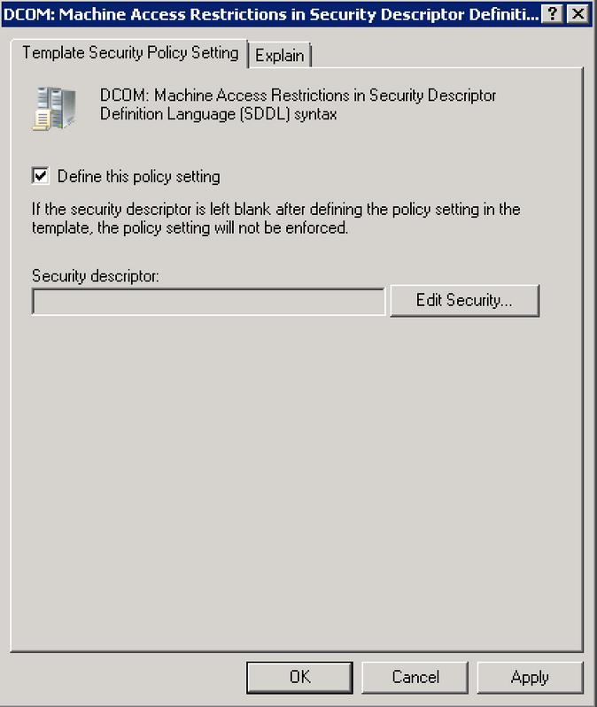 Encuentre el screenshots para configurar los Permisos de acceso remoto para el usuario de los administradores para los permisos COM para: DCOM: Trabaje a máquina las restricciones de acceso