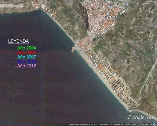 Figura 6.29: Evolución de las playas de La Guardia y La Charca de Salobreña, entre los años 2004 y 2012 (Foto: Google Earth) 6.2.3.
