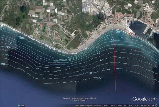 La batimetría de las playas de Salobreña muestra unas líneas paralelas a la orilla distribuidas uniformemente, reduciéndose su distancia a medida que nos acercamos a la desembocadura del río