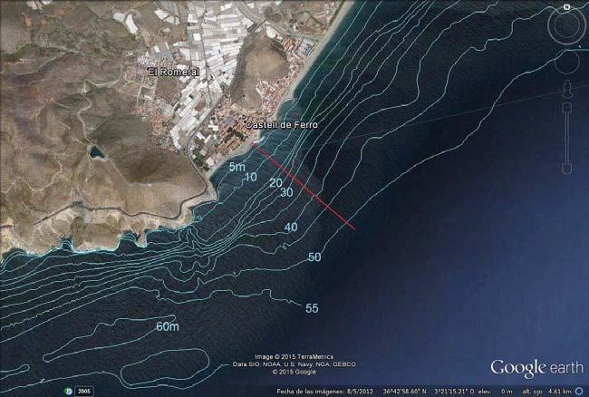 Figura 2.63: Batimetría de 2008-2009 de la playa de Sotillo en Castell de Ferro (Gualchos) (Foto: Terra Metrics y Google Earth) Figura 2.