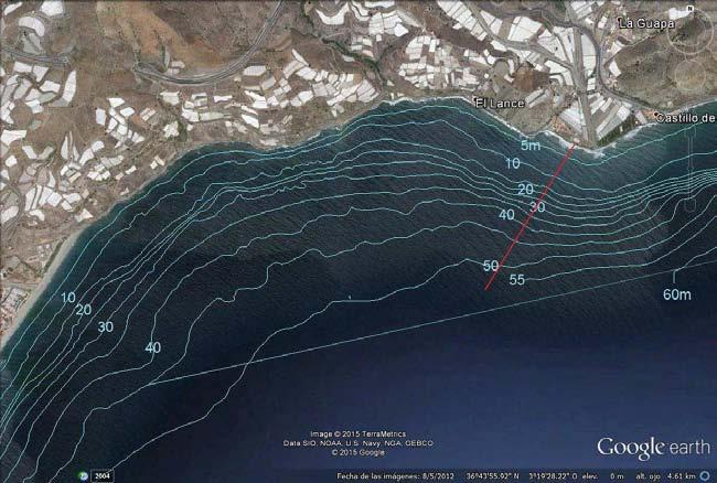Figura 2.65: Batimetría de 2008-2009 de la playa de Casarones (Rubite) (Foto: Terra Metrics y Google Earth) Figura 2.