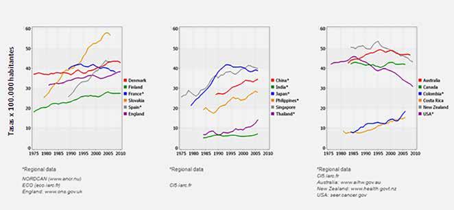 Gráfico 10: Tendencias en la incidencia del cáncer colorrectal en hombres en países seleccionados. Tasas estandarizadas x 100.