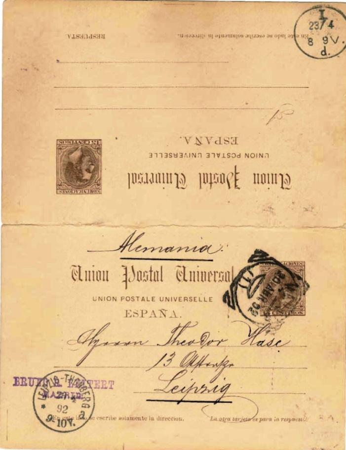 Alfonso XII. Zona 2 de la UPU. 01.04. 1884. Tarjeta circulada de Madrid a Leipzig (Alemania), Zona 1 de la UPU, del 20 al 23 de abril de 1892. Los 5 cts.