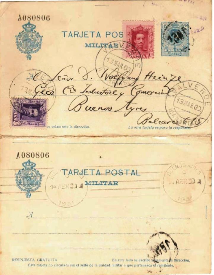 Tarifa de 01.08.1922; 25 cts. para España y países de la UPAE, satisfecha con sellos adhesivos, sin considerar el sello de 15 cts. impreso.