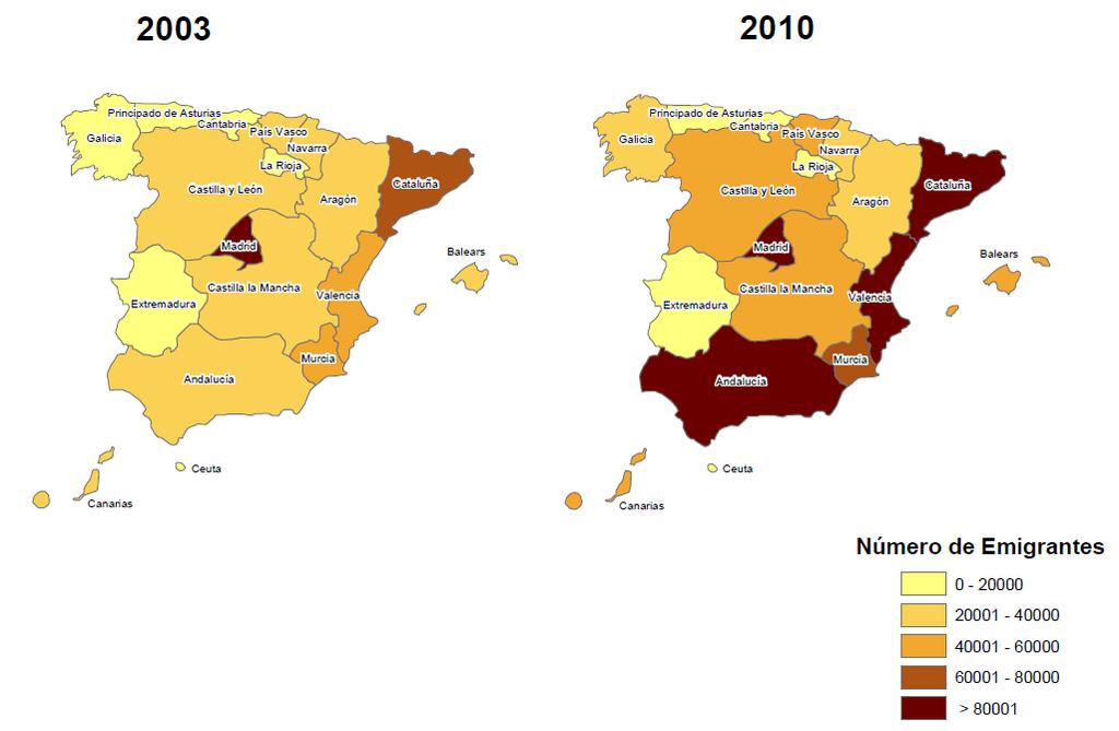 III.- Emigrantes por Comunidad Autónoma: El análisis de emigrantes por Comunidades Autónomas, indica que el número de emigrantes ha crecido en todas las comunidades españolas, 5 de las cuales