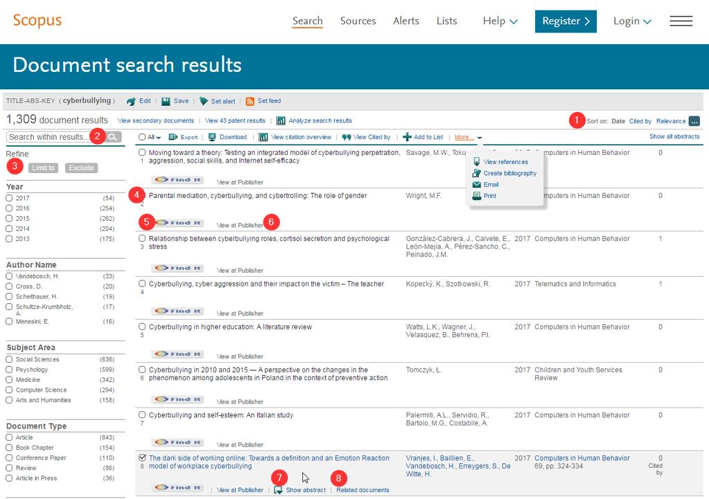 REVISAR LOS RESULTADOS Los resultados de la búsqueda se visualizan en forma de tabla, lo que le permite visualizarlos o clasificarlos por año, importancia del documento, autor(es), título de la