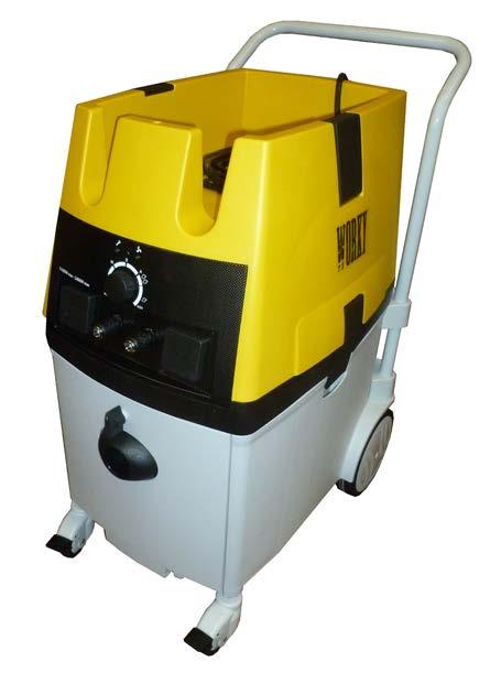 Mobile unit for dry sanding dust extraction and filtration equipped with 2 engines 1000 W each, regulator for the required power, 2 shuko sockets 230V, 2 quick couplings for compressed air, bag