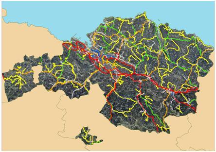 Red de Carreteras de Bizkaia: Tipo de vía Km % Roja 237,464 18,17 Naranja 208,279 16 Azul 29,191 2 Verde 209,164 16
