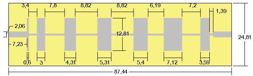 3.6.1 Filtro 1 paso bajo topología saltos de impedancia 2437MHz. El diseño final se muestra en la figura 3.