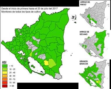 Monitoreo de Sequía Agrícola (ASIS-FAO) En lo que va del ciclo de primera al 20 del mes de julio se observa una afectación del 25% del área por estrés agrícola en el municipio de El Almendro. Mapa 2.