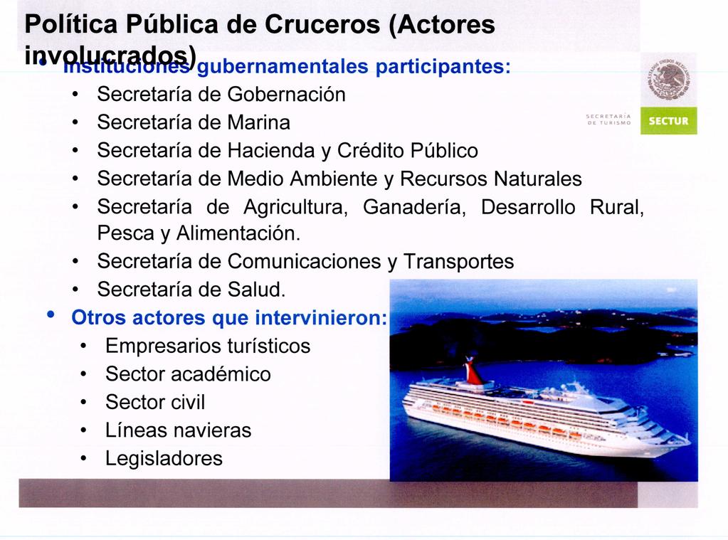 Política Pública de Cruceros (Actores ii1v9miiñf~g~gubernamentales Secretaría de Gobernación Secretaría de Marina Secretaría de Hacienda y Crédito Público Secretaría de Medio Ambiente y Recursos