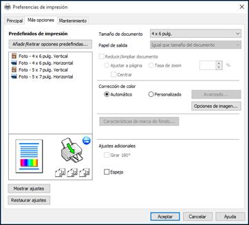 Cómo seleccionar opciones adicionales de composición e impresión - Windows Puede seleccionar una variedad de opciones adicionales de composición e impresión para su documento o foto en la ficha Más