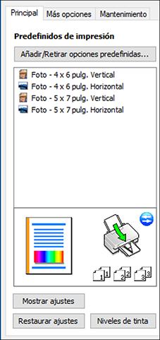 Verá los ajustes Predefinidos de impresión disponibles a la izquierda: 2. Coloque el cursor sobre uno de los ajustes Predefinidos de impresión para ver su lista de ajustes. 3.