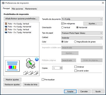 Verá la ventana de los ajustes de la impresora: 3. Seleccione los ajustes de impresión que desea utilizar como los ajustes predeterminados en todos los programas de Windows. 4. Haga clic en Aceptar.