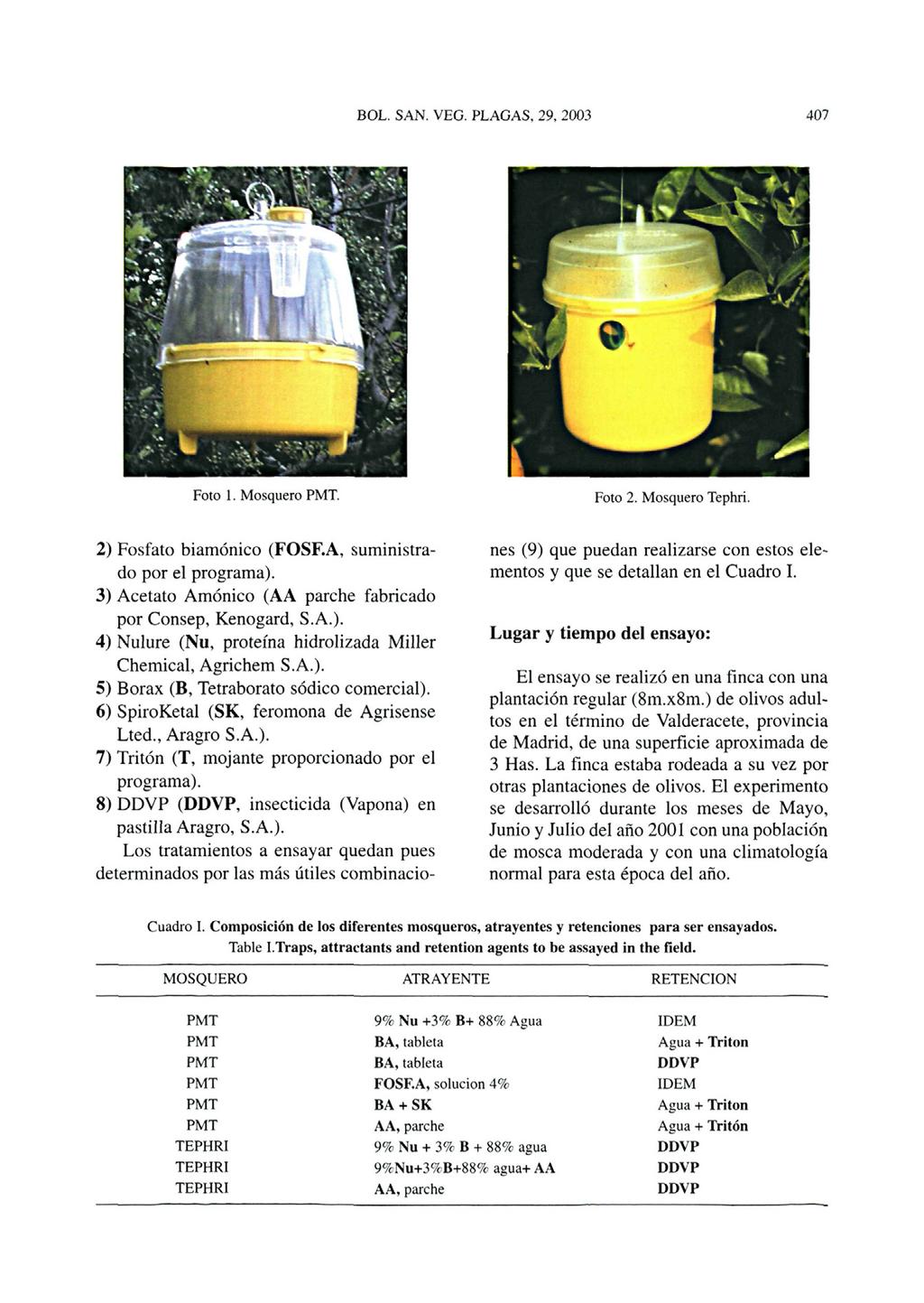 Foto 1. Mosquero. Foto 2. Mosquero Tephri. 2) Fosfato biamónico (FOSF.A, suministrado por el programa). 3) Acetato Amónico (AA parche fabricado por Consep, Kenogard, S.A.). 4) Nulure (Nu, proteína hidrolizada Miller Chemical, Agrichem S.