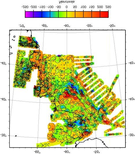Fig. 2: Mapa preliminar de anomalías magnéticas resultante de la integración de los datos
