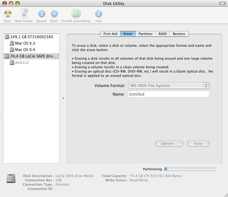 7. Información útil página 38 7.2.2. Usuarios de Mac Mac OS 10.2.x: utilice el programa Apple Disk Utility (Utilidad de disco de Apple), nativo de este sistema operativo. Formateo usando Mac OS 10.2.x o superior Advertencia!