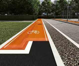 Carriles bici y peatonales o áreas de mobiliario urbano a base de resinas sintéticas.