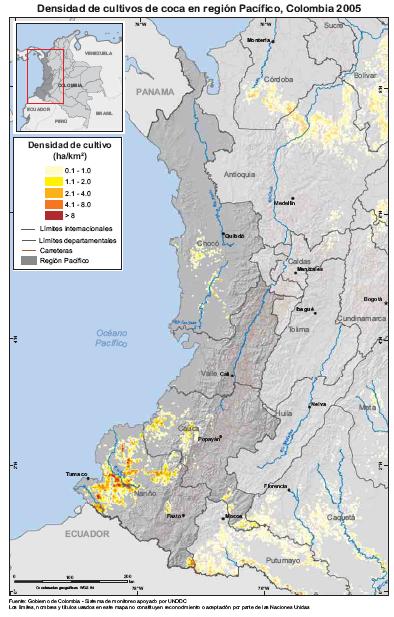 Mapa 2. Densidad de cultivos de coca en región Pacífica Fuente: SIMCI En el año 2002 se reportaron 12.717 has sembradas de coca, mientras que en el año 2005 se reportaron 12.