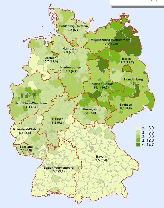 56 Cuota de desempleo en Alemania, octubre de 2013 (entre paréntesis 2012) Alemania