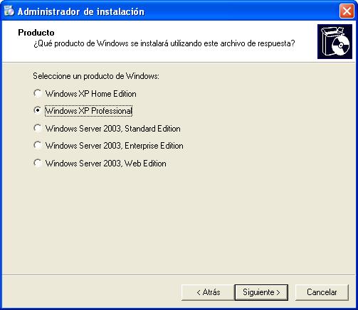 Seleccione el botón de opción Windows XP Professional y, a continuación, haga