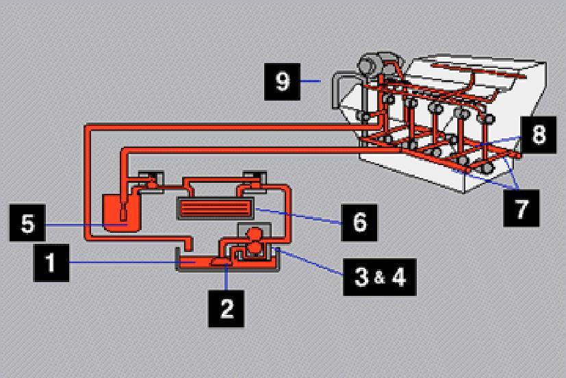 Componentes del Sistema de Lubricacion 1. Colector de aceite 2. Campana de succión 3. Bomba de aceite 4. Válvula de alivio de la bomba 5.