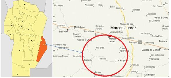 El área comprendida se visualiza en la Figura 1, y abarca las localidades de Marcos Juárez, Monte Buey, Inriville, Camilo Aldao, General