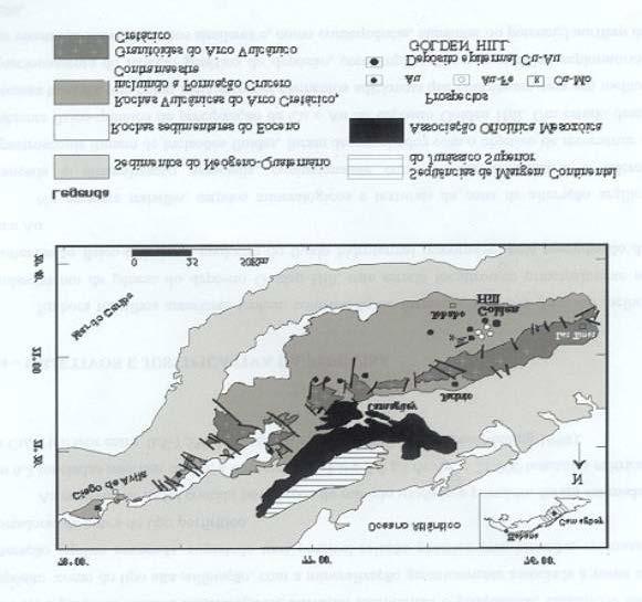 Fig. 1 - Mapa geológico de la región Ciego-Camagüey-Las Tunas, con la localización del depósito de Au-Cu Golden Hill (modificado de Pérez y Sukar, (1997).