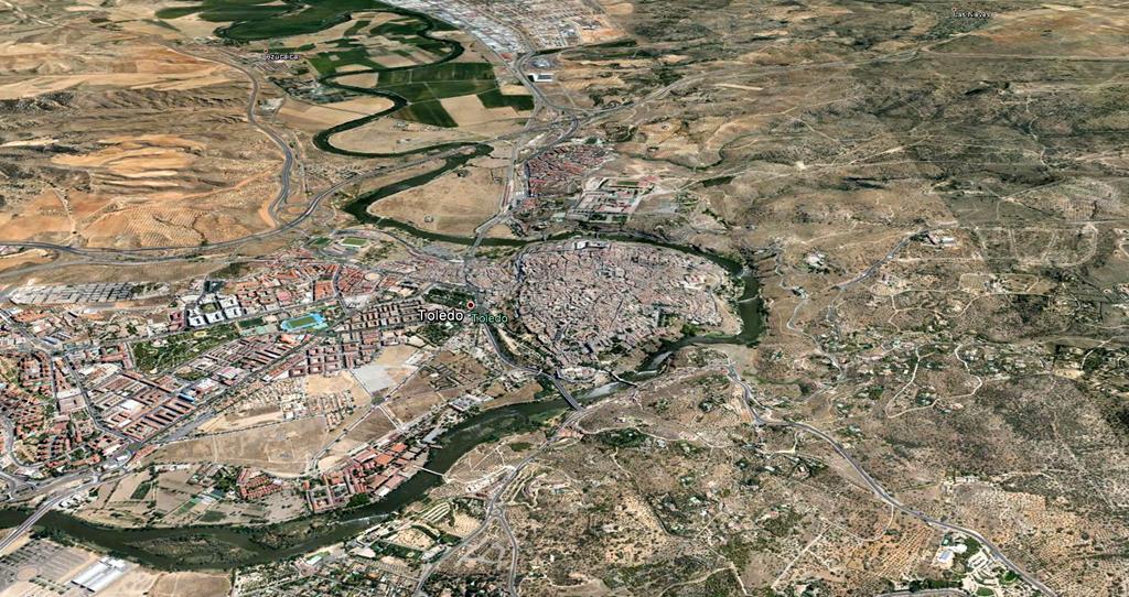 Perspectiva desde el W de los alrededores de la ciudad de Toledo y los meandros del Río Tajo.