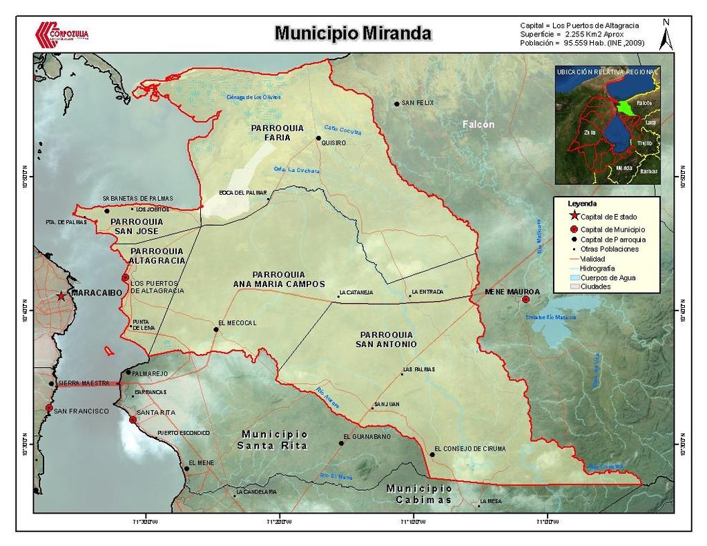LIMITES El Municipio Miranda está ubicado en el extremo nororiental del estado Zulia, limita al norte, con el Golfo de Venezuela; al sur, con los Municipios Santa Rita y Cabimas; al este, con el