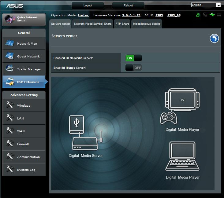 Uso del servicio de centro servidores El router inalámbrico permite a los dispositivos multimedia UPnP (Universal Plug and Play), como las consolas PS3 y XBox 360, acceder a archivos multimedia que