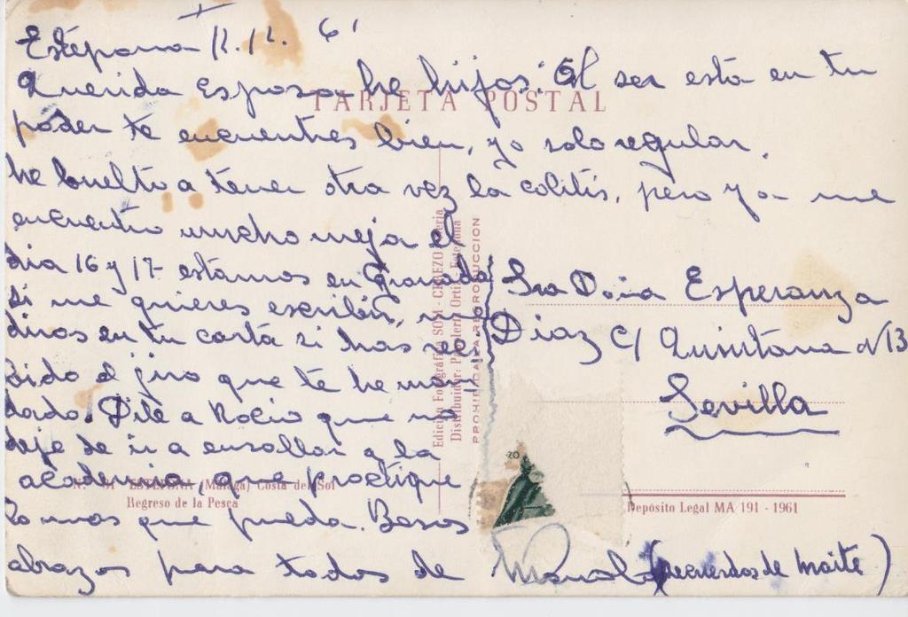 Documento 011. Capítulo 6. Postal enviada por el Manolo Romero, padre de la bailaora Rocío Loreto, a la familia con fecha 12-12-1961.