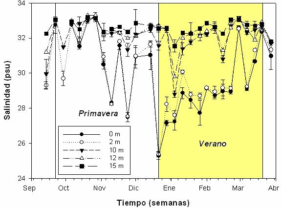 La salinidad durante primavera y verano, varió desde una condición oceánica salina de 33 psu (Septiembre) a una condición estuarina de 25 psu (Diciembre) (Fig. 4).
