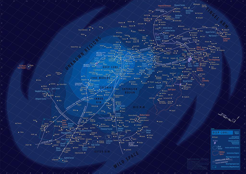 Star Wars 3 Planetas y poblaciones La galaxia ficticia en la que tienen lugar los acontecimientos de Star Wars está formada por varias regiones, que a su vez se subdividen en sectores y sistemas, con