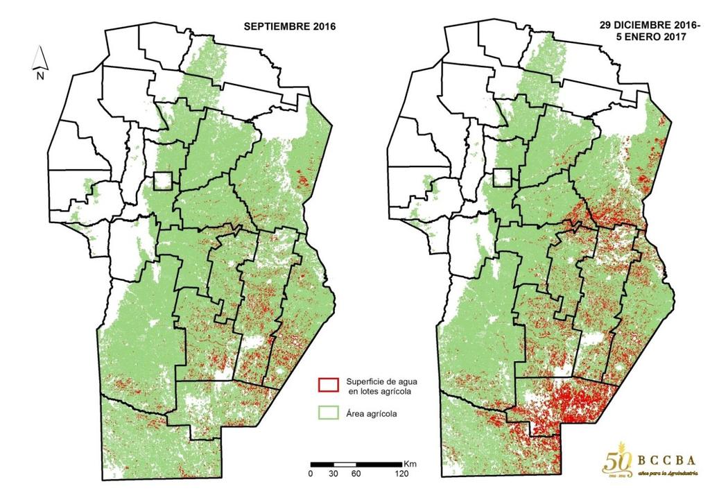 Figura N 3: Distribución espacial de agua superficial en zona agrícola, en septiembre de 2016 y diciembre 2016/enero 2017. Nótese en la fig.