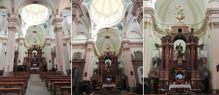❶ Fachada del templo de San Miguel dividida verticalmente en tres partes, con pilastras y columnas toscanas.