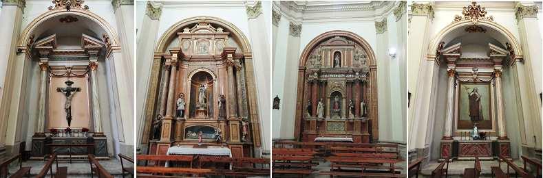 Posee unas capillas en los laterales del templo como la del Santo Cristo, talla de Federico Gacera, la Inmaculada, la Virgen del Rosal, Santa Teresa, San Blas, La Dolorosa, la Virgen de Montserrat.