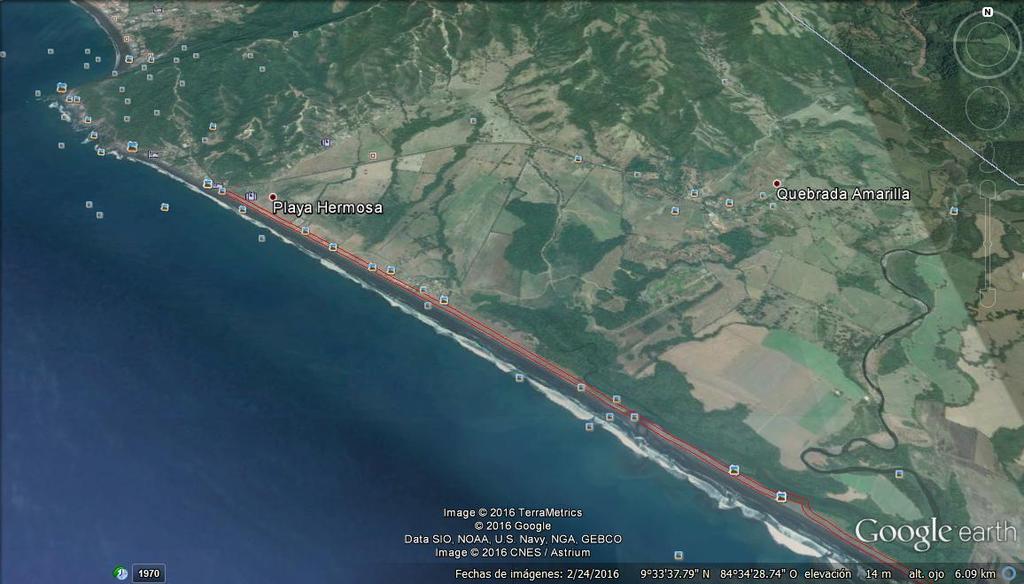 Figura 4. Línea de la pleamar y los 50 metros de zona pública, sector playa Hermosa. La figura 4 muestra el área de los 50 m.