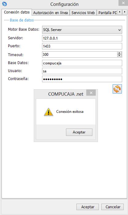 Después de presionar el botón Aplicar le pedirá que ingrese los datos de configuración de la conexión de a la base de datos; como se muestra en la siguiente imagen Nota importante: Si la base de