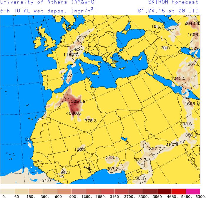 Depósito húmedo de polvo (mg/m 2 ) predicho por el modelo SKIRON para el día 1 de abril de 2016 a las 00 UTC (izquierda) y a las 18 UTC (derecha). Universidad de Atenas.