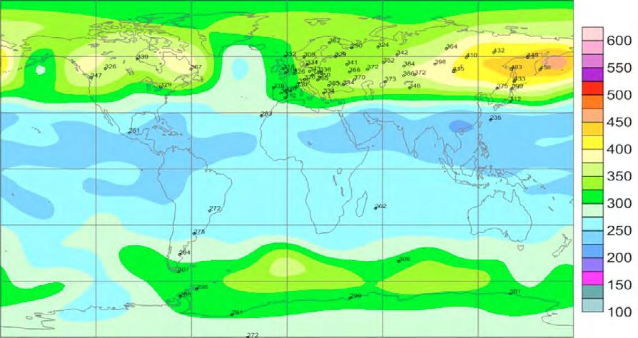 Ahora bien, en la Figura 6 se observa el mapa mensual global correspondiente al mes enero de 2017 y en ella se muestra un desdoblamiento de la faja de ozono (225 UD 250 UD) por la región de África