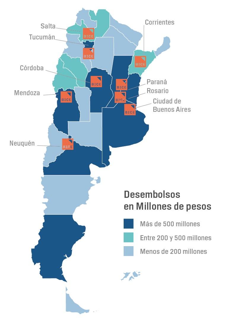DESEMBOLSOS POR PROVINCIA* EL BICE COBERTURA NACIONAL Presencia territorial a través de su Casa Central y 8 puestos de promoción permanente distribuidos en el país.