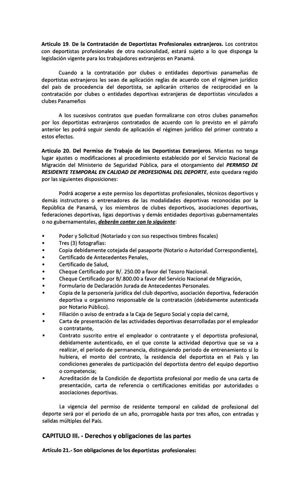 Articulo 19. De la Contratación de Deportistas Profesionales extranjeros.