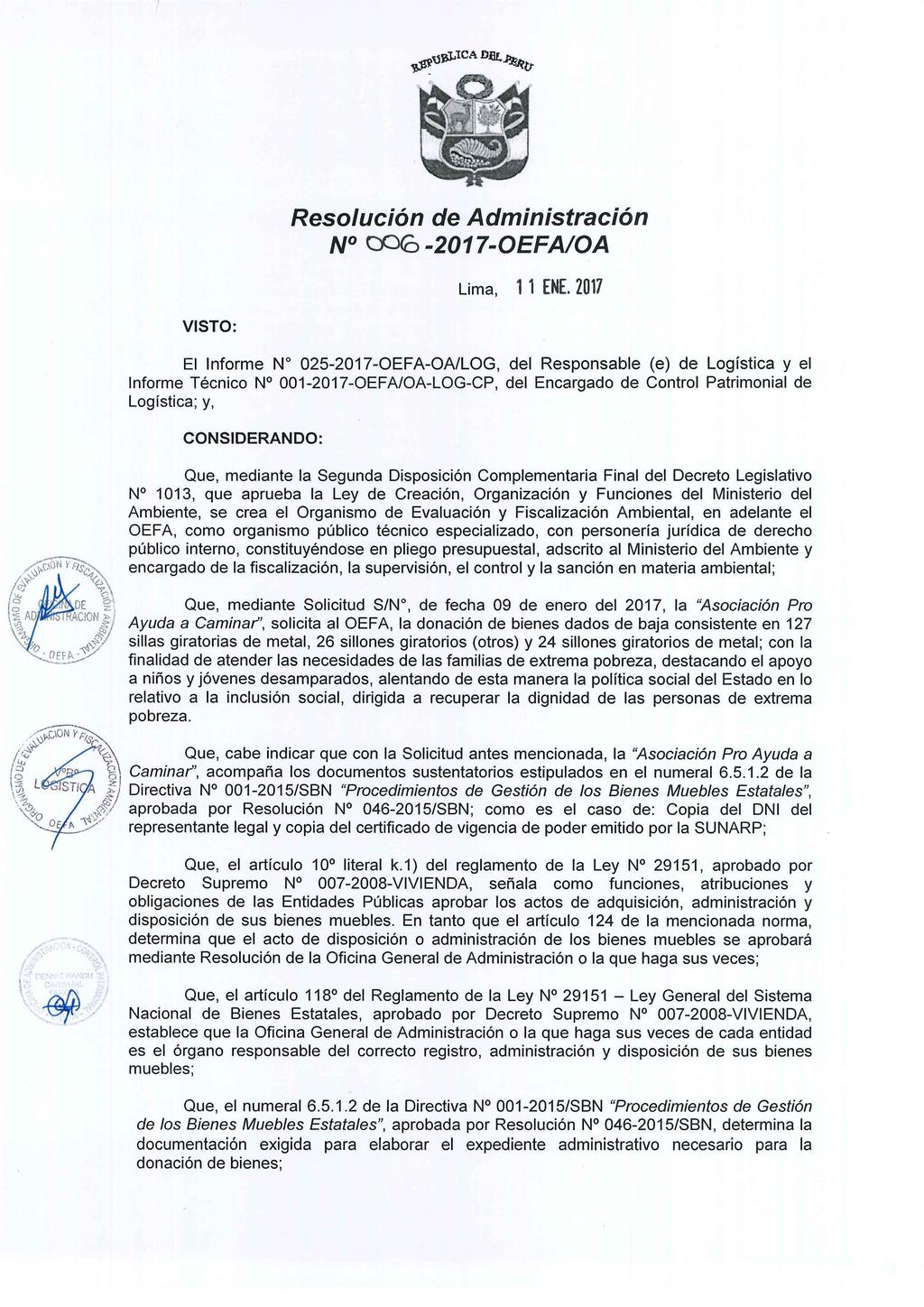 Resolución de Administración Nº 00(6-2017-0EFAIOA Lima, 11 ENE.