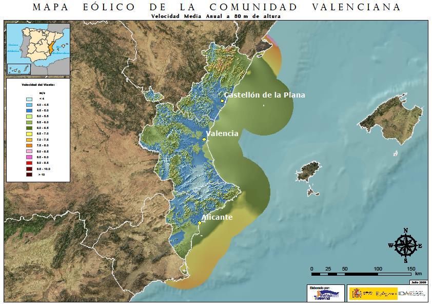 Figura 9. Mapa de velocidades del viento a 80 m de altura en la Comunidad Valenciana.