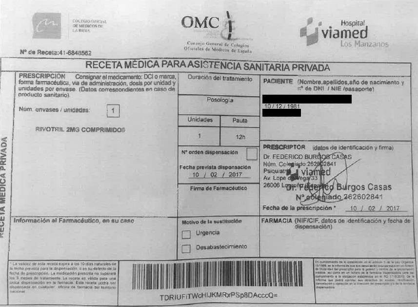 4 RECETA FALSA RIVOTRIL El COF de La Rioja nos informa de la emisión de recetas falsas de Rivotril en las que consta como prescriptor el Dr.